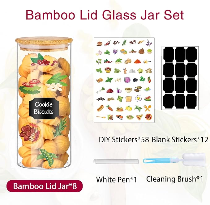 BGraceyy 32 oz 8 Pcs Glass Jars with Bamboo Lids, Stackable Clear Food Storage Jars, Airtight Kichen Glass Pantry Storage Containers with Lids for Rice, Candy, Sugar, Flour, Nuts, Cookie, Coffee Bean