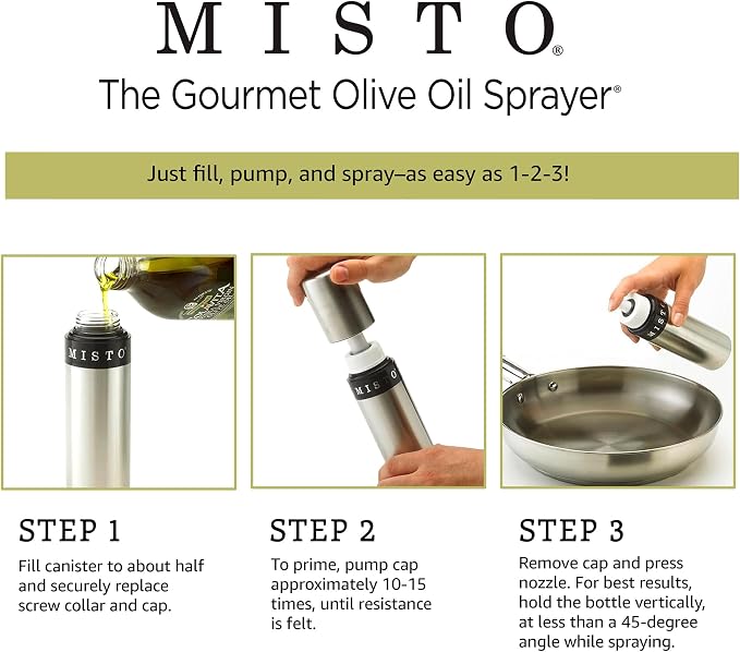 Misto Gourmet Olive Oil Sprayer Set of 2 Aluminum Bottles - Refillable Pump Mister for Cooking, Salads, Grilling - 3.2 oz Each, No Propellants