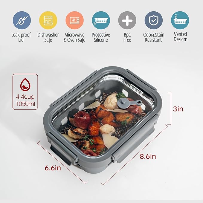 Glass Meal Prep Containers 5-Pack With Glass Lids & Steam Vent, 35 Oz / 4.4 Cups Leakproof Airtight Food Storage Containers, Borosilicate Glass, Microwave And Dishwasher Safe, Bpa-Free