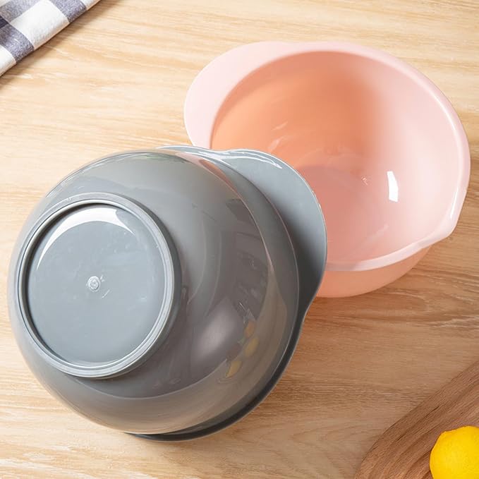 Set of 3 Mixing Bowls with Pour Spout-Nesting Design Saves Space - Non-Slip, BPA Free, Dishwasher Safe Plastic - Kitchen Cooking and Baking Supplies (Green Pink Grey)