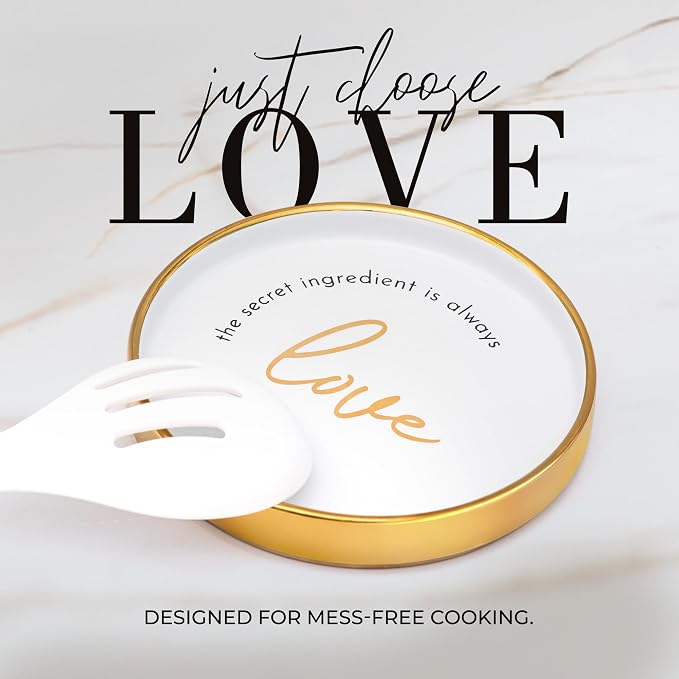 8 Piece White and Gold Kitchen Utensils – White Silicone Cooking Utensils Set, Ceramic Utensil Holder & Stackable Gold Spoon Rest –Nonstick, Non-Toxic, Heat Resistant, Luxury Kitchen Accessories