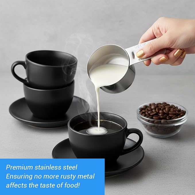 6 Pcs Stainless Steel Measuring Cup Set Includes 3 Pcs 1Cup (240ml, 8oz) & 3 Pcs 1/2Cup (120ml, 4oz) Metal Measure Scoop with Etched Inner Scale, Metric and US Measurement, Dishwasher Safe