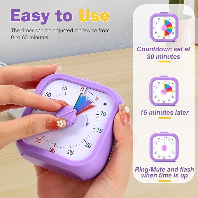 Mwellewm Visual Timer for Kids, 60 Minute Time Digital Pomodoro Timer Countdown with Silent Pause Function for Classroom Kitchen Study Cooking Meetings ADHD Rainbow Pattern(Square Purple)