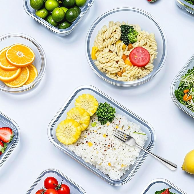 VERONES 12 Packs Glass Food Storage Containers Set with Lids, White | Airtight Glass Lunch Containers, Glass Meal Prep Containers with Lids, for Microwave, Oven, Freezer & Dishwasher Friendly