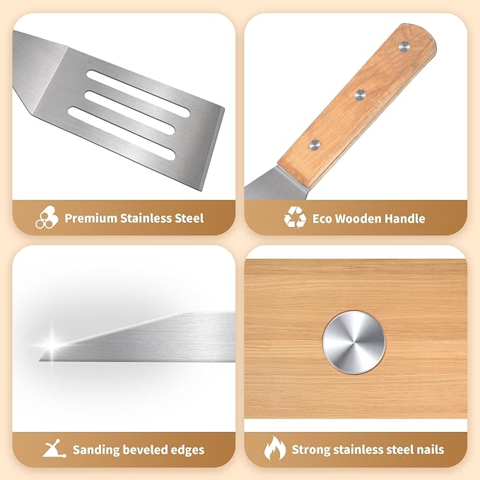 4Pcs Stainless Steel Metal Spatula Set, Flat Spatula Pancake Flipper Burger Fish Turner Griddle Scraper Long Wide Spatula for Cast Iron Griddle BBQ Grill Spatulas Flat Top Accessories