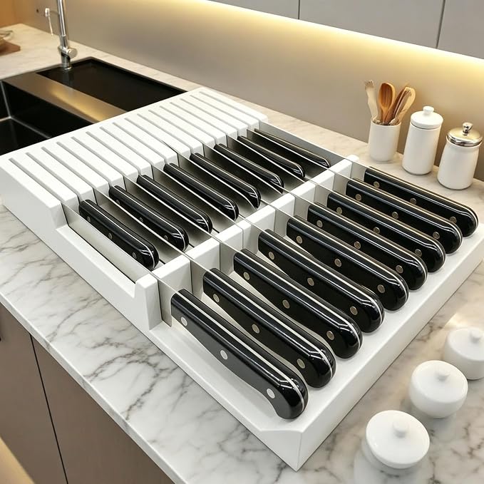 White Painted Bamboo In-Drawer Knife Block, 17 Slot Large Capacity Knife Organizer, Upper and Lower Kitchen Steak Knife Storage Rack - Holds 8 Short Knives + 9 Long Knives