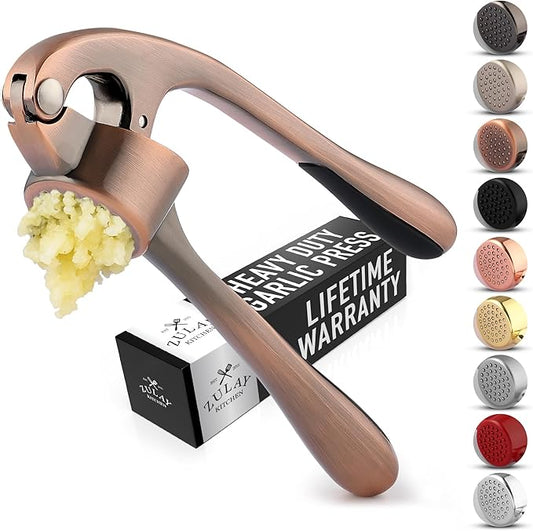Zulay Kitchen Premium Garlic Press Set - Rust Proof Professional Garlic Mincer Tool - Easy-Squeeze, Easy-Clean with Soft, Ergonomic Handle - Silicone Garlic Peeler & Brush (Copper)