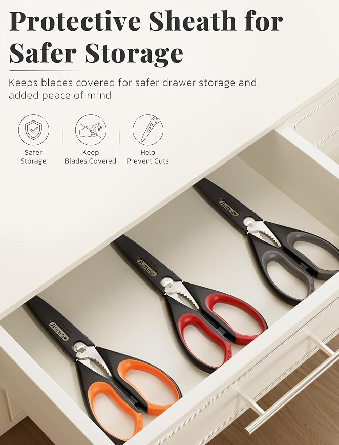 Astercook Kitchen Scissors 3 Pack, Heavy Duty All Purpose Kitchen Shears for Food and Packaging, Stainless Steel Food Scissors for Meat, Poultry, Herbs and Vegetables, Dishwasher Safe