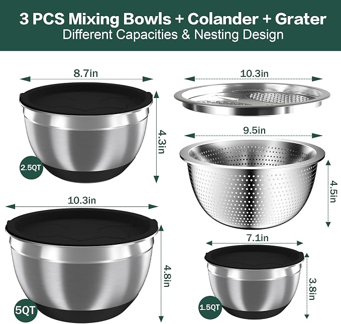 Mixing Bowls with Airtight Lids, Stainless Steel Mixing Bowl Set with 3 Nesting Kitchen Metal Bowls, Colander & Grater, Non-Slip Bottoms, Size 1.5, 2.5, 5 QT, Great for Mixing & Serving, Black