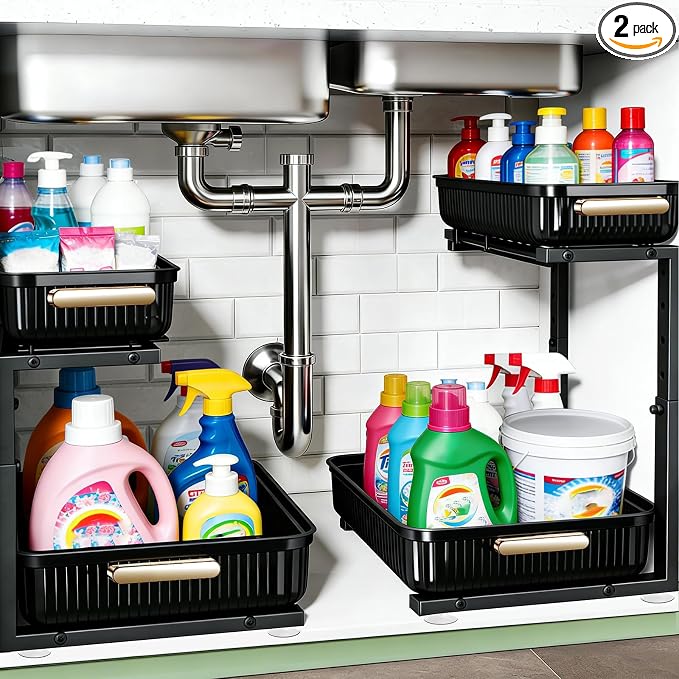 ARSTPEOE Under Sink Organizer - 2 Pack Multi-Purpose Pull-Out Storage Shelf | Slide out Pull out Cabinet Organizer Shelf, Storage for Kitchen Bathroom