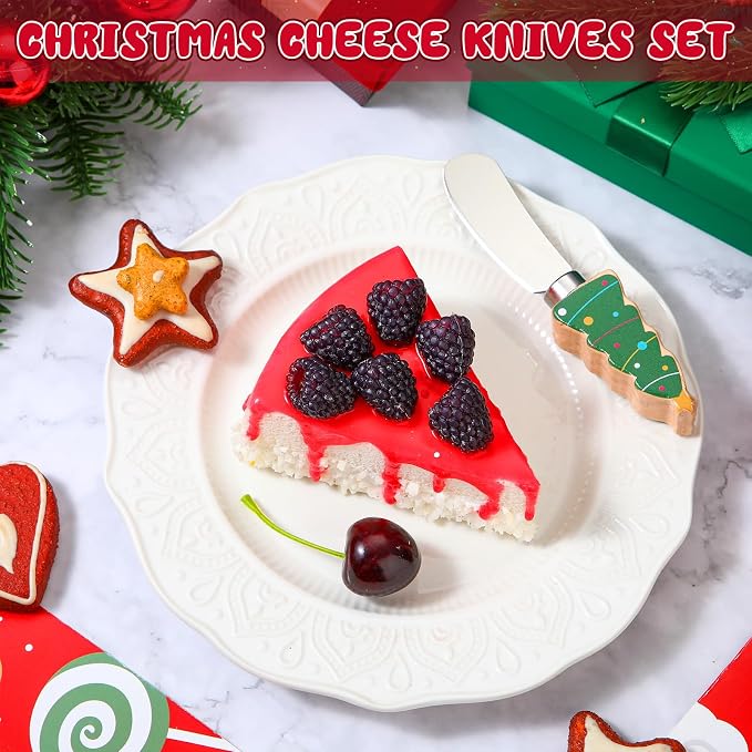 Sieral 10 Pcs Christmas Cheese and Butter Spreader Knives Butter Spreader Knives Multipurpose Christmas Decor with Hand Painted Wooden Handle Stainless Steel Blade