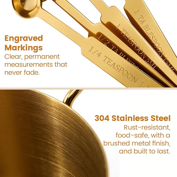 Gold 304 Stainless Steel Measuring Cup and Spoon Set, Stackable, 8-Piece, Long Handle for Narrow Bottles, Premium Gold Kitchen Utensils for Cooking and Mothers Day Gift