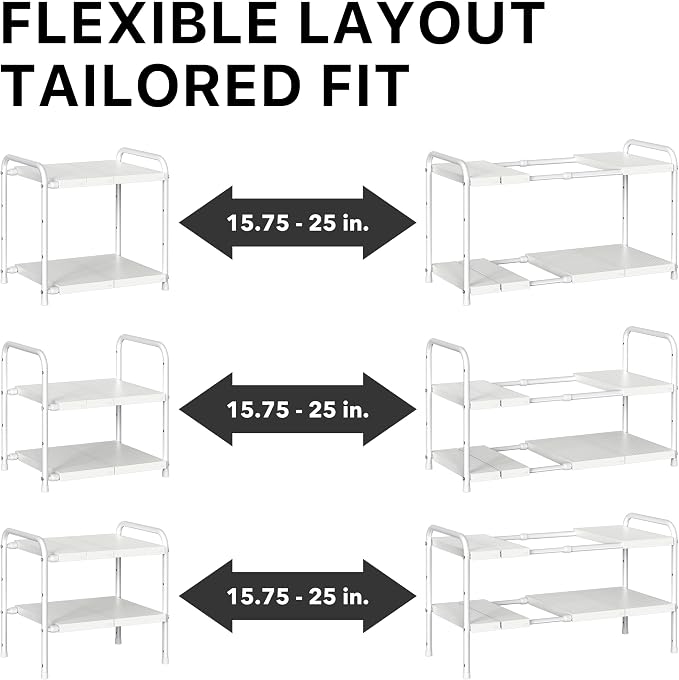 Simple Houseware Under Sink 2-Tier Heavy Duty Expandable Organizer, White | Adjustable Width 15.75–25 Inches with 4 Shelf Height Levels
