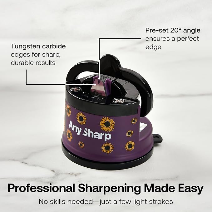 AnySharp – Editions – Hands Free Knife Sharpener - Easy to Use Sharpening Tool w/PowerGrip Suction Base and 20-Degree Pre-Set Angle - for All Knives: Chef's, Serrated, and Hardened Steel - Sunflower
