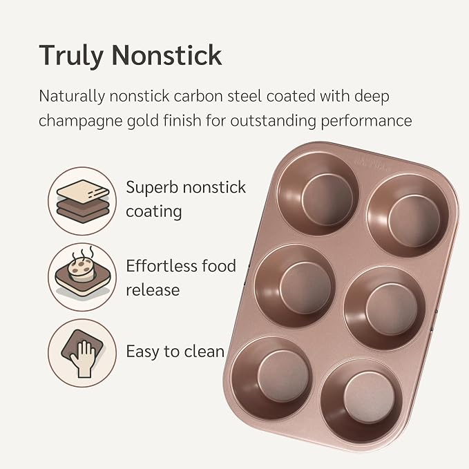 6 Cup Jumbo Muffin Pan Nonstick, PFOA & BPA Free | | Non-Toxic - High Carbon Steel - Gold - Large Cupcake Tin for Oven Baking
