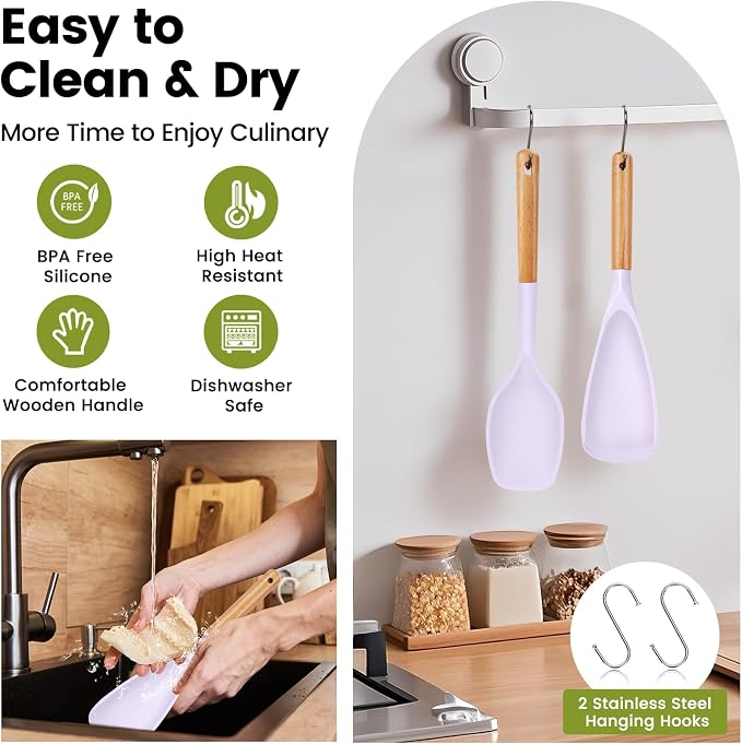 Large Silicone Cooking Spoons Set, 2 Pcs Heat Resistant Serving Spoon, Multifunction Nonstick Spatula Spoon for Mixing, Stiring, Basting, Scooping,Scraping (Lilac Dream)