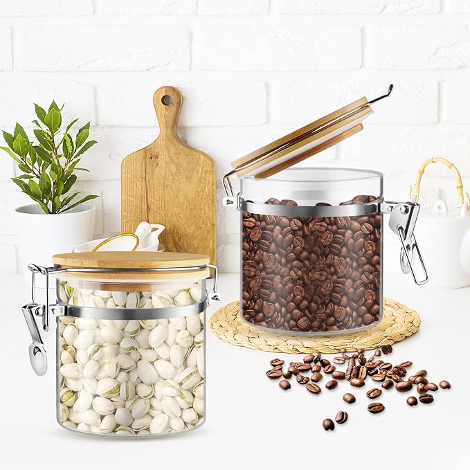 2 Pcs 700ml/23oz Clear Glass Jars Airtight Storage Jars Locking Glass Container Jar with Clamp Bamboo Lids for Home Kitchen Food Coffee Tea Pantry Storage