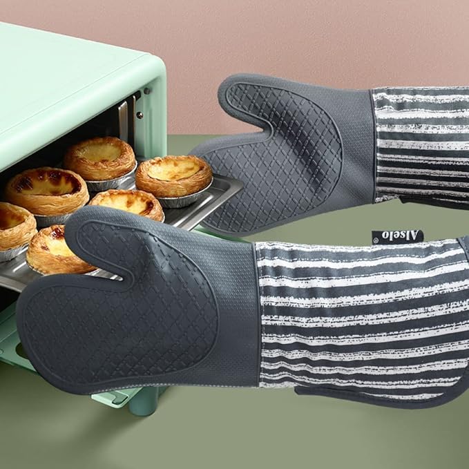 Alselo Silicone Oven Mitts Heat Resistant 932℉ with Waterproof & Non-Slip Kitchen Mittens, Set of 2 Extra Long Oven Gloves with Soft Cotton Terry Lining for Baking Cooking Barbecue