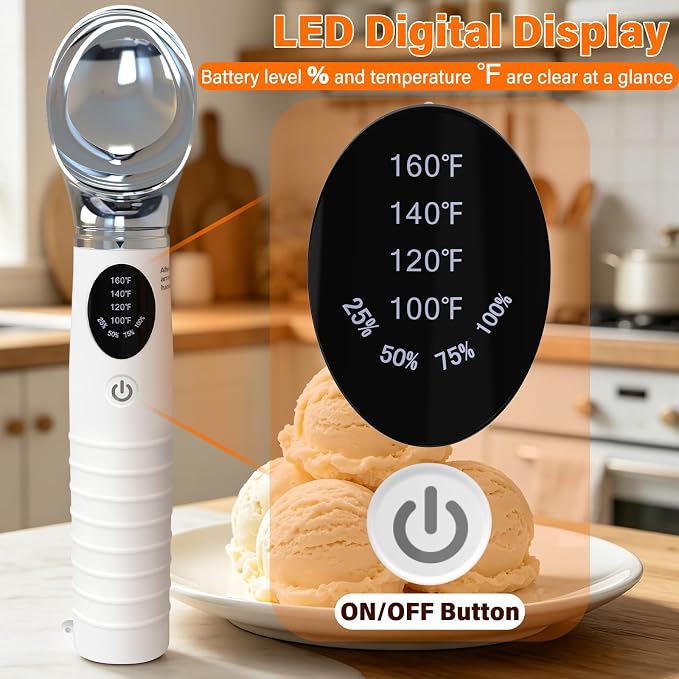 TRELC Heated Ice Cream Scoop Rechargeable, Electric Ice Cream Scooper with 4-Level Temp 100-160℉ & LED Display, 2500mA Battery, Ergonomic Handle, Easy to Scoop for Hard Ice Cream(White)
