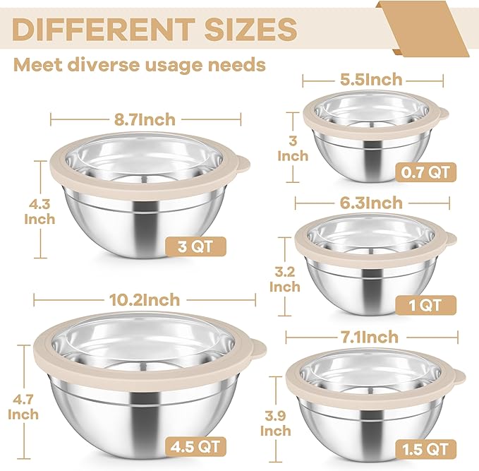 TeamFar Mixing Bowls Set, Stainless Steel Salad Bowl with Lids, Khaki | 4.5/3/1.5/1/0.7 QT, Metal Nesting Bowls with Visible Airtight Lids, For Serving/ Mixing/ Storing, Dishwasher Safe, Set of 5