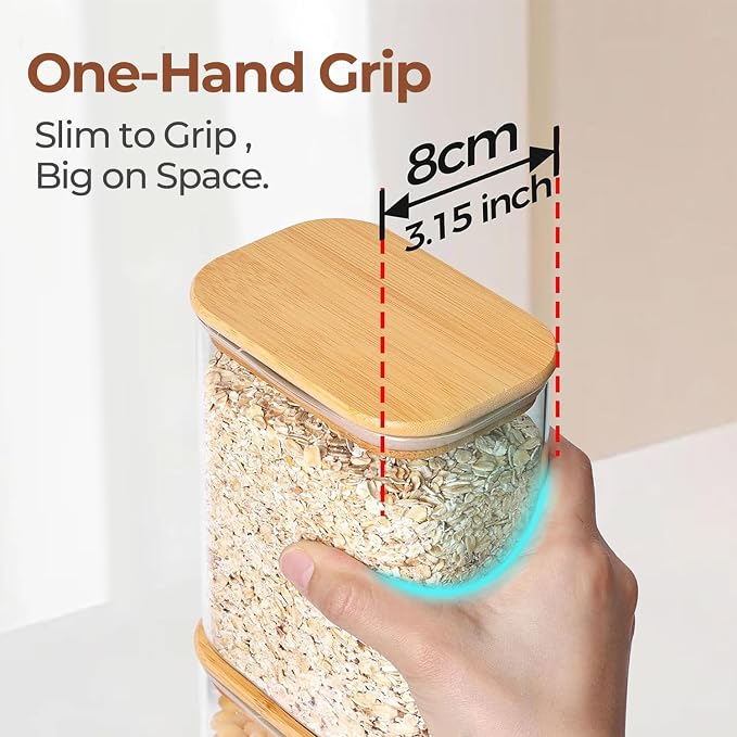 ComSaf Glass Storage Containers wtih Lids 1.2 Qt, Set of 4 Food Storage Jar | Glass Pantry Storage Containers, Rectangle Kitchen Canisters, Bamboo Lid with Silicone Seal, Cereal, Flour, 37oz, BPA Free