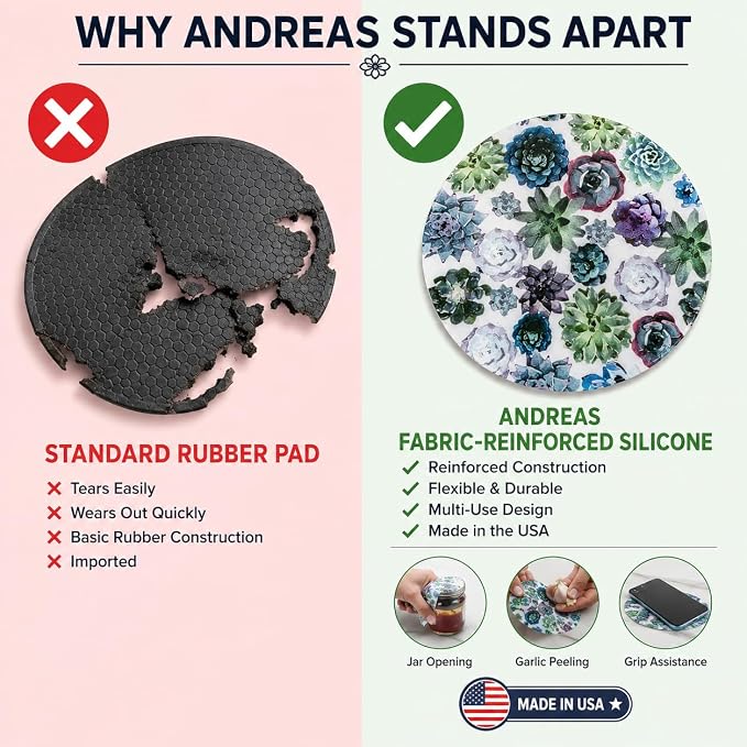 Andreas Silicone Jar Opener, Succulents – 6.25" Made in the USA, JO-365 | Non-Slip Lid Gripper & Garlic Peeler, Food and Dishwasher Safe, Multi-Use, Durable Silicone & Fabric