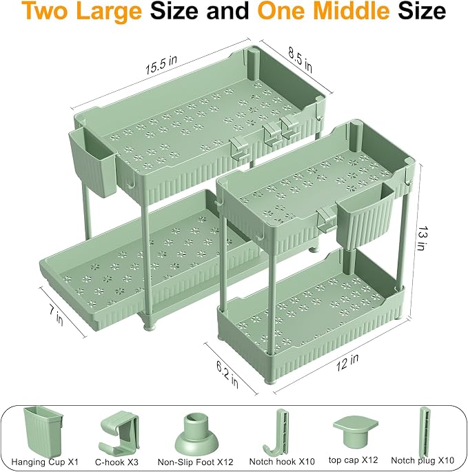 3-Pack 2-Tier Under Sink Organizers with Sliding Drawers | Multi-use kitchen & bathroom storage, 12.8 inch green cabinet organizer, space-saving sliding drawer design.