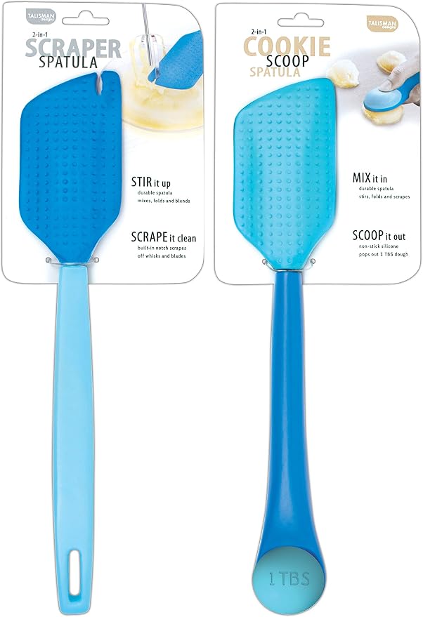 Talisman Designs 2 Piece Set, BPA-Free Silicone Cookie Scoop and Scraper Spatulas Blue