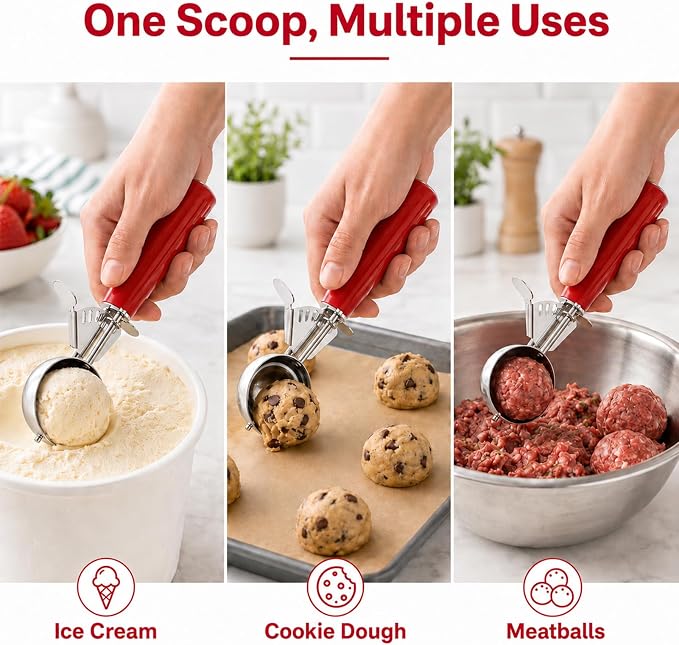 1.33oz Ice Cream Scoop with Trigger #24 - Stainless Steel Cookie Scoop for Baking, Portion Scoop for Cookie Dough, Cupcake, Mashed Potatoes - Easy Portion Control, Comfortable Non-Slip Handle (Red)