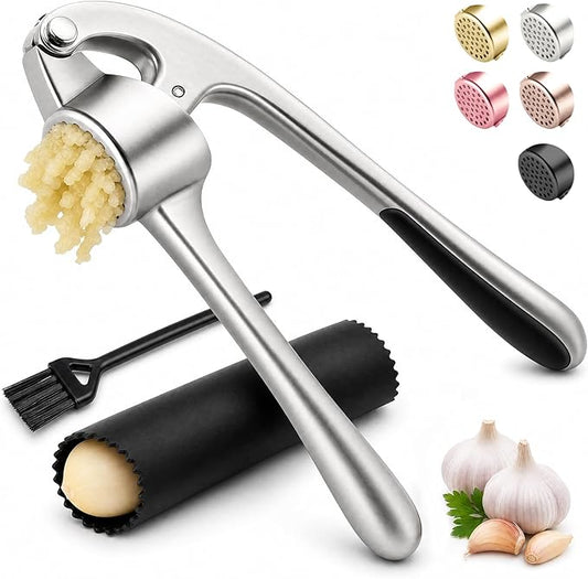 Kitchen Garlic Press, Rust Proof & Dishwasher Safe Garlic Mincer, Durable Garlic Crusher Set with Peeler＆Brush, Easy to Clean and Squeeze, Matte