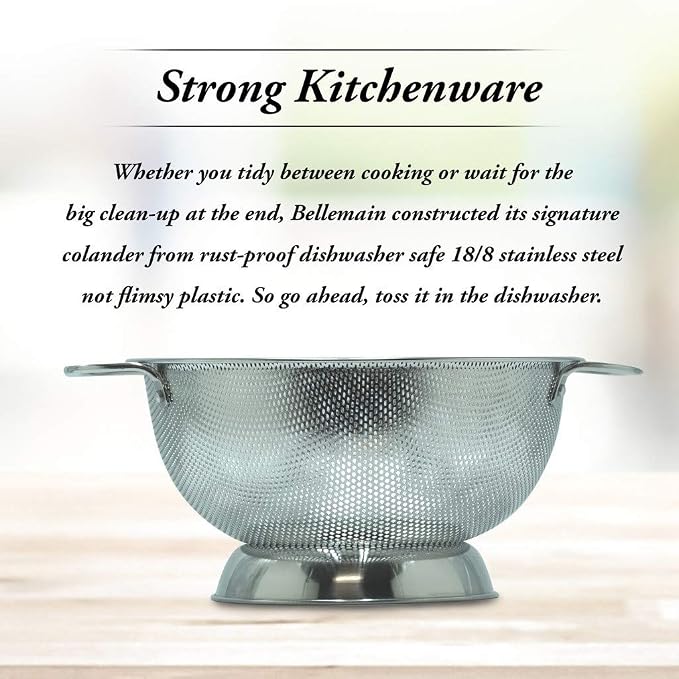 Bellemain 3 Qt Metal Colander with Handle | Pasta, Spaghetti, Berry, Fruit, Vegetable, Kitchen Food Strainer Basket | Premium Stainless Steel Colander Bowl | Pot Drainer for Cooking, Sifter Strainer
