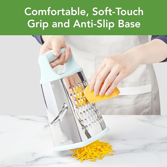 Tovolo Box Grater 4 Sided Large Stainless Steel Cheese Grater for Shredding Vegetables and Zesting, Easy to Clean Dishwasher Safe Box Grater with Ergonomic Handle and Non Slip Base, Blue Haze
