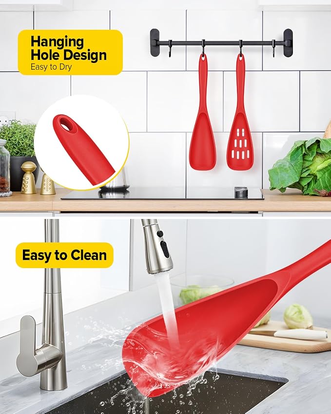Pack of 2 Cooking Spoons for Non Stick Cookware, Multifunction Spatula Spoon BPA-Free, One-Piece Design, Suitable for Scooping, Scraping, Serving and Mixing (RED)