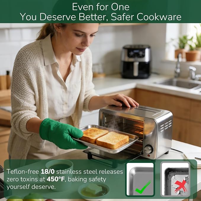 18/0 Stainless Steel Baking Sheet with Cooling Rack, Oven-Safe Non-Toxic Cookie Sheets for Baking, Set of 4, Coating Free & Rust Resistant for Healthy Family Baking, Easy to Clean, Heavy-Duty