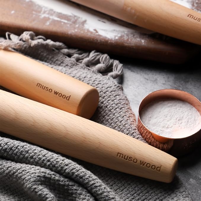 Muso Wood French Rolling Pin and Silicone Baking Mat Set, 15.75 Inch Beech Wood Tapered Rolling Pin for Fondant Pie Crust Cookie Pastry