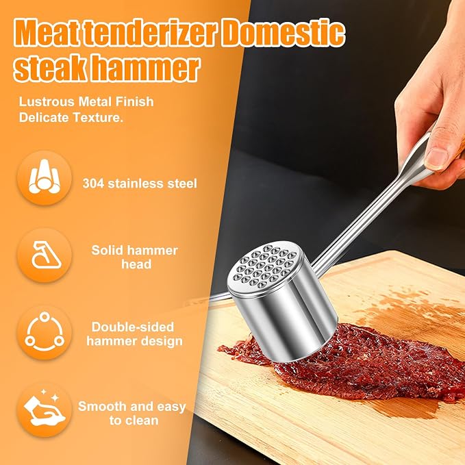5 Pak Meat Tenderizer Tool Set, Dual-Sided Meat Mallet & Pounder for Chicken Breast, Steak, Beef, Pork - 304 Stainless Steel Head with Wood Handle, Dishwasher Safe Kitchen Hammer