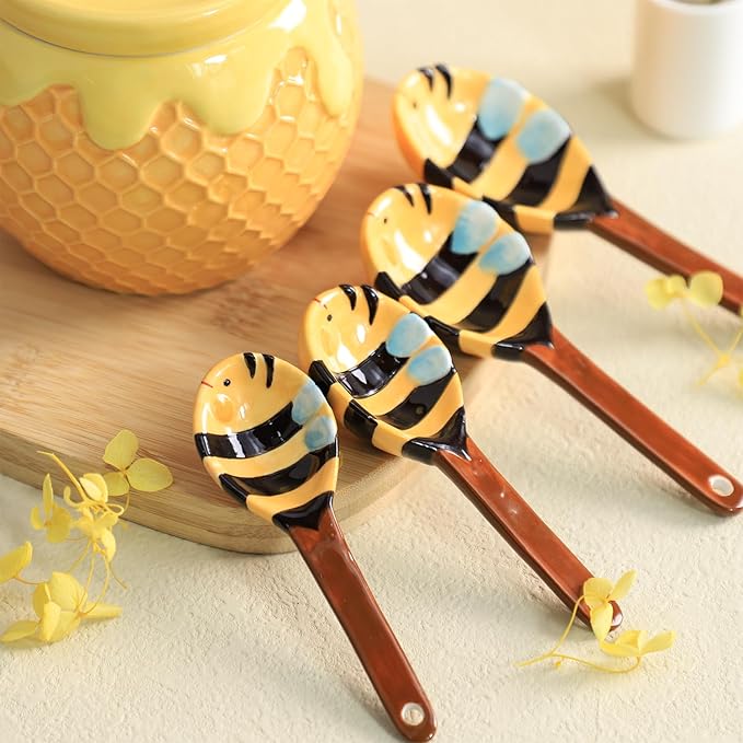 Ceramic Bee and HoneyComb Measuring Spoons Set for Dry or Liquid with Measuring Cup Set, 4 PCS Kitchen Measuring Baking Spoons Cooking Measuring Spoons for Kitchen Baking Tool Utensil Set