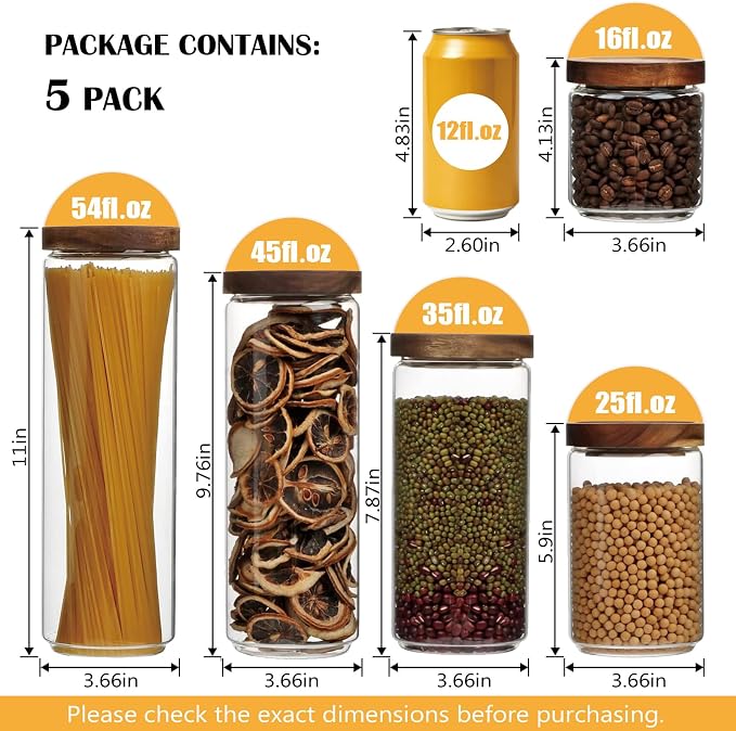 Flrolove Glass Canisters With Wooden Lids, Kitchen Jars for Storage 5 Pack | Glass Food Storage Containers with Lids, Cereal Containers Storage Canisters for Coffee, Cookie, Pasta, Rice, Tea, Sugar