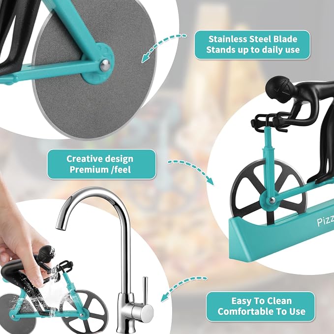 Bike Pizza Cutter,Bicycle Pizza Slicer,Stainless Steel Pizza Cutter Wheels with Stand,Unique Kitchen Gadget,Gifts for Cyclists Men,Cool Men’s Gift