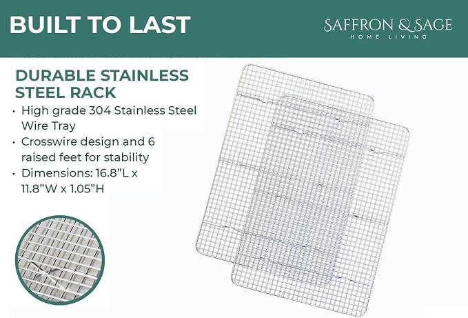 Cookie Cooling Rack Pack of 2, Heavy Duty Stainless Steel Cooling Racks for Cooking and Baking, 11.8 x 16.8 x 1 Inch, Dishwasher Safe, Rust Resistant, Fits Half Sheet Pan