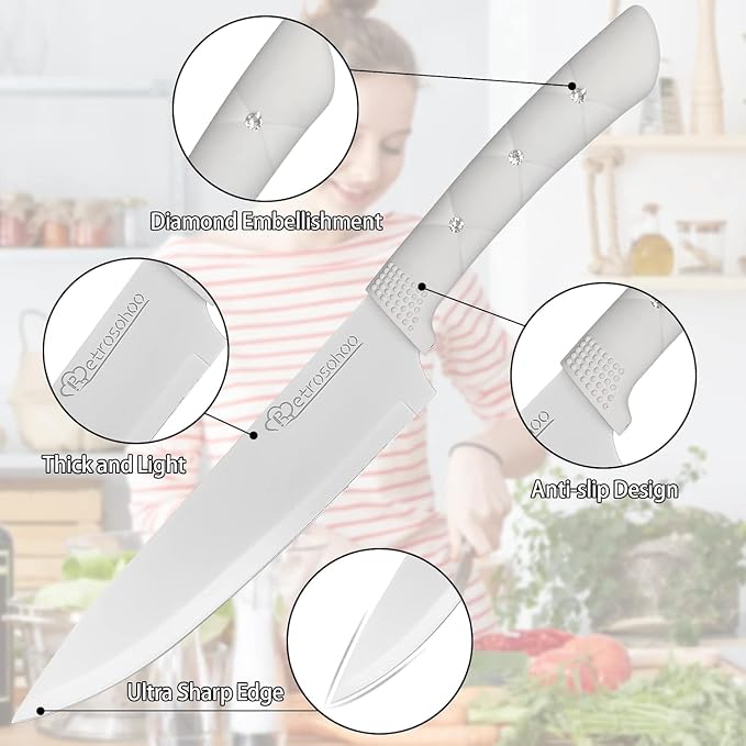 Kitchen Knife Set, White Flower 6PC Stainless Steel Sharp Chef Knife Set with Acrylic Stand, Cooking Non-slip Knife Set with Block, Non-stick Colorful Coating Gift for Women Girls (White)