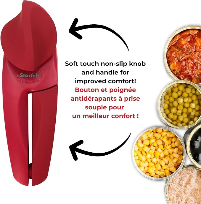 Starfrit MightiCan Can Opener, Safe Smooth-Cut Design, Holds Lid and Leaves No Sharp Edges, Comfort Grip Handle, Heavy-Duty Non-Slip Knob, 3-Year Warranty, Red