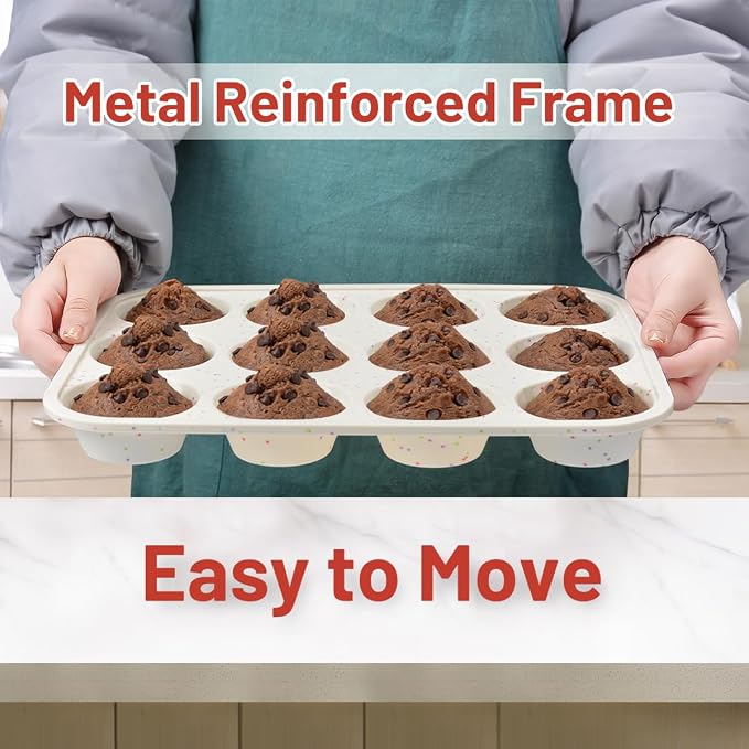 CAKETIME Silicone Muffin Pan, Metal Reinforced Frame Cupcake Pan 12 Cups Regular Size Easy to Move in or Out of Oven Non-Stick (1)