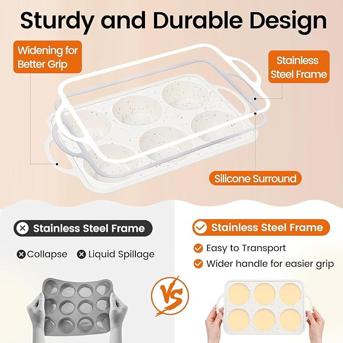 Silicone Muffin Pan with Metal Reinforced Frame - Mini Muffin Pan for Homemade Muffins, Cupcakes, and Bread, Oven and Dishwasher Safe - Set of 2, 6-Cup and 12-Cup
