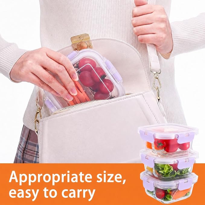 3 Pack Bariatric Meal Prep Containers, 8oz Glass Snack Containers | Glass Bariatric Portion Control Containers with Two 4 oz Compartments, Reusable Lunch Box Bento Box with Lids,Purple