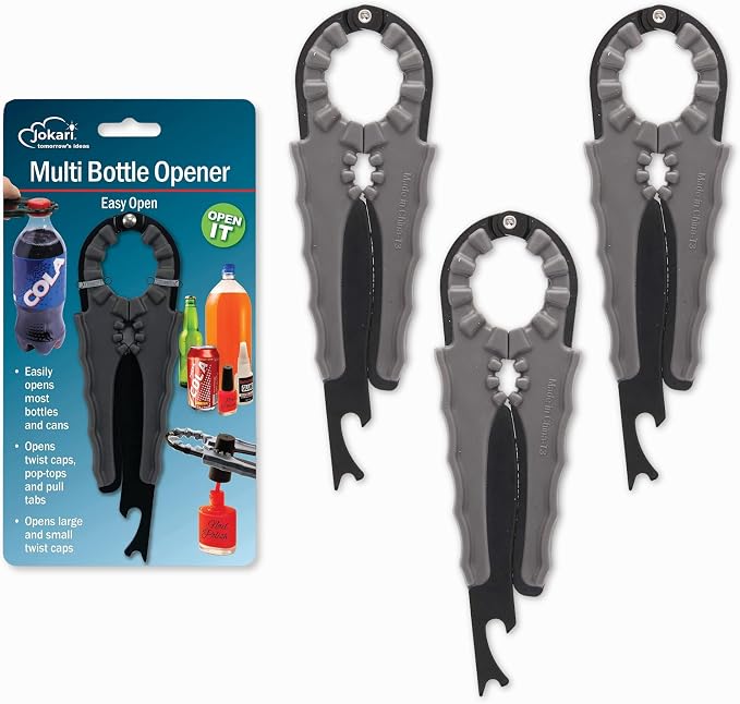 Jokari 3-Pack Multi Bottle Opener – Jar Lid Opener, Can Tab Lifter, Twist Cap Gripper – Ergonomic Kitchen Tool for Weak Hands or Arthritis – Opens Soda, Beer, Nail Polish, and More | Twist Cap Gripper - Ergonomic Kitchen, Weak Hands or Arthritis - Open...