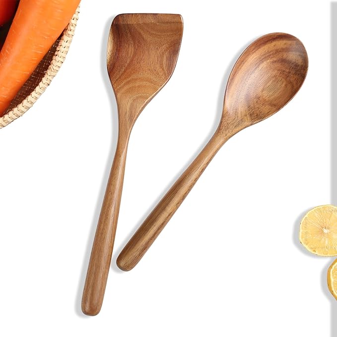Wooden Cooking Spoon Utensils, 2pcs, Spoons Spatulas Set for Kitchen Cooking, Wood Scraper for Frying Scraping and Mixing, Nonstick Cookware Spatulas Spoon Gadget for Fried Flipping Turning Cooking
