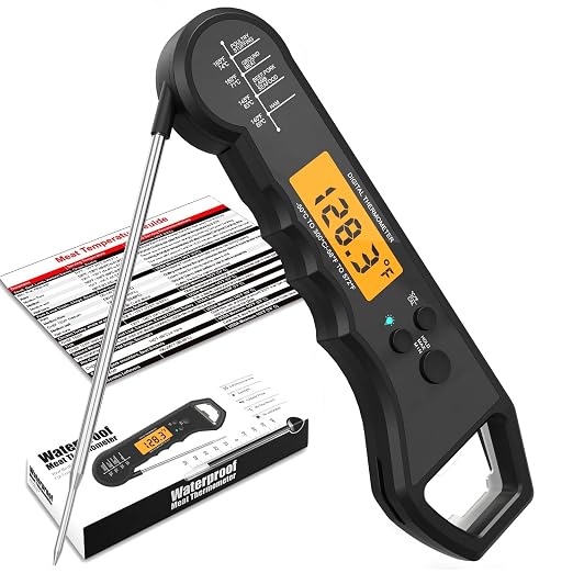 Waterproof Instant Read Digital Meat Thermometer for Cooking and Grilling, Food Thermometer with Backlight, Magnet, Calibration, and Foldable Probe, Bottle Cap Opener for Kitchen Gadgets, BBQ, Grill
