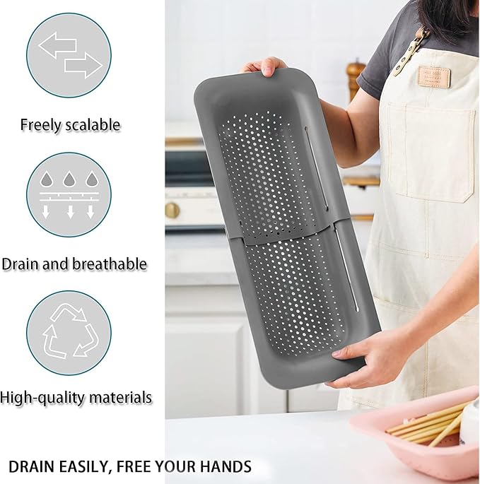 Collapsible Sink Colanders and Strainers Basket Extendable Plastic Fruit Vegetable Strainer Drainer Basket for Kitchen (Length 14.3 inch-19.4 inch) (Grey and white) 6 * 10
