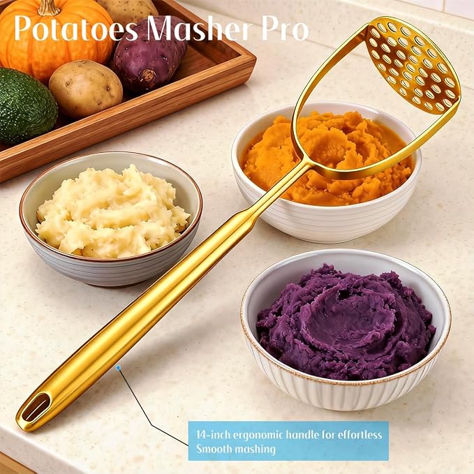 Potato Masher Stainless Steel, 14 Inch Potato Smasher - Kitchen Essential for Mashed Potatoes, Pumpkin, Carrots, Avocado & Fruits, Heavy Duty Metal Mashing Utensil (Gold)